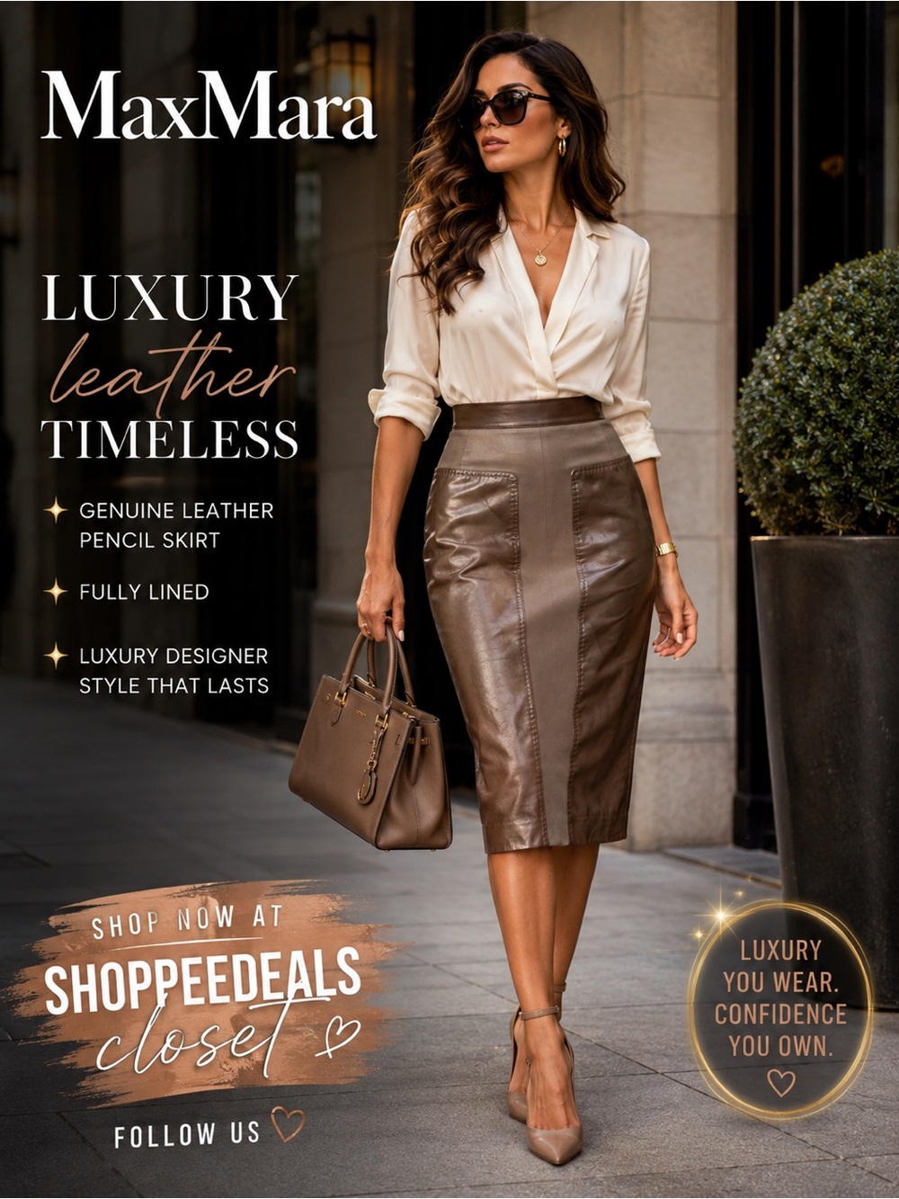 Max Mara Genuine Leather Pencil Skirt | Taupe Brown Luxury Designer